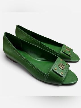 Tory Burch Green Leather Logo Stud Peep-Toe Flats size 10